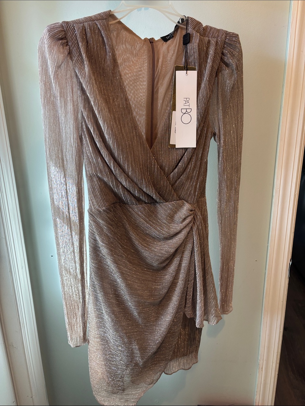 PatBO Metallic Taupe Long-Sleeve Wrap Mini Dress
